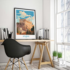 Athens wall art print featuring the Acropolis in a modern style, enhancing home decor and art collection.