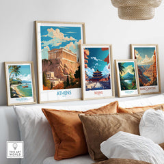 Modern Athens wall art featuring Acropolis, alongside travel posters of Beijing, Costa Rica, and Grand Canyon.