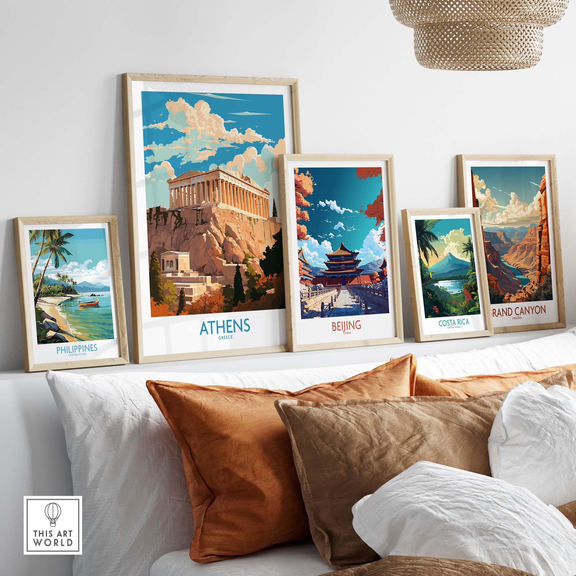 Modern Athens wall art featuring Acropolis, alongside travel posters of Beijing, Costa Rica, and Grand Canyon.