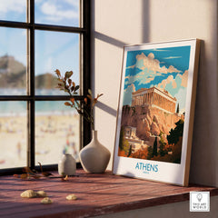 Athens wall art featuring the Acropolis, modern style Greece travel poster in a sunlit living room.