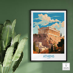 Athens Greece wall art poster featuring the Acropolis set against a vibrant green wall.
