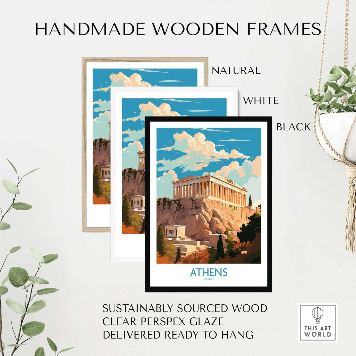 Athens wall art prints in handmade wooden frames, showcasing iconic Acropolis design. Available in natural, white, and black frames.