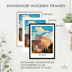 Athens wall art prints in handmade wooden frames, showcasing iconic Acropolis design. Available in natural, white, and black frames.