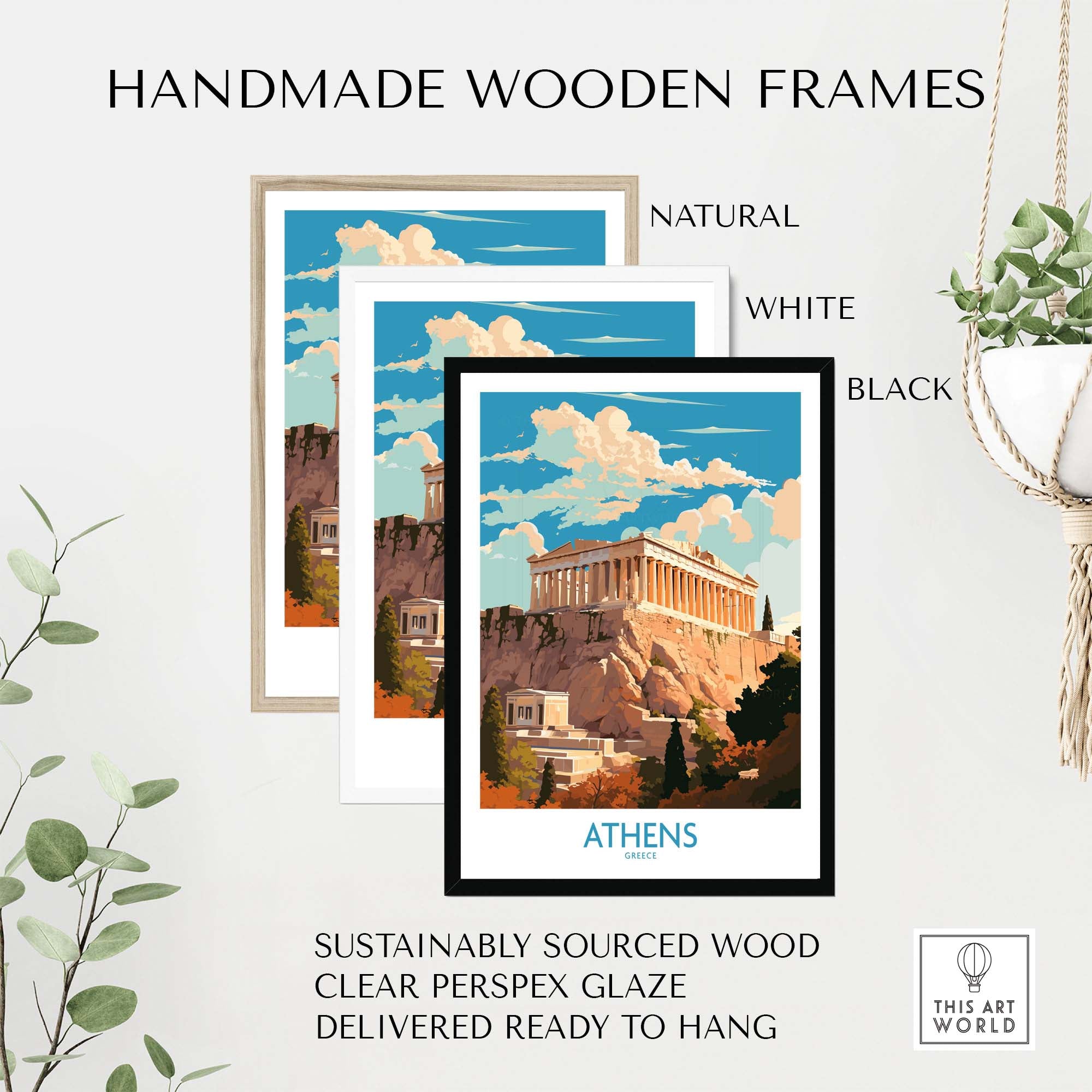 Athens wall art prints in handmade wooden frames, showcasing iconic Acropolis design. Available in natural, white, and black frames.