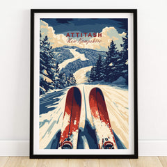 Attitash Ski Print featuring vibrant skis in a snowy landscape, capturing the thrill of skiing in Attitash, New Hampshire.