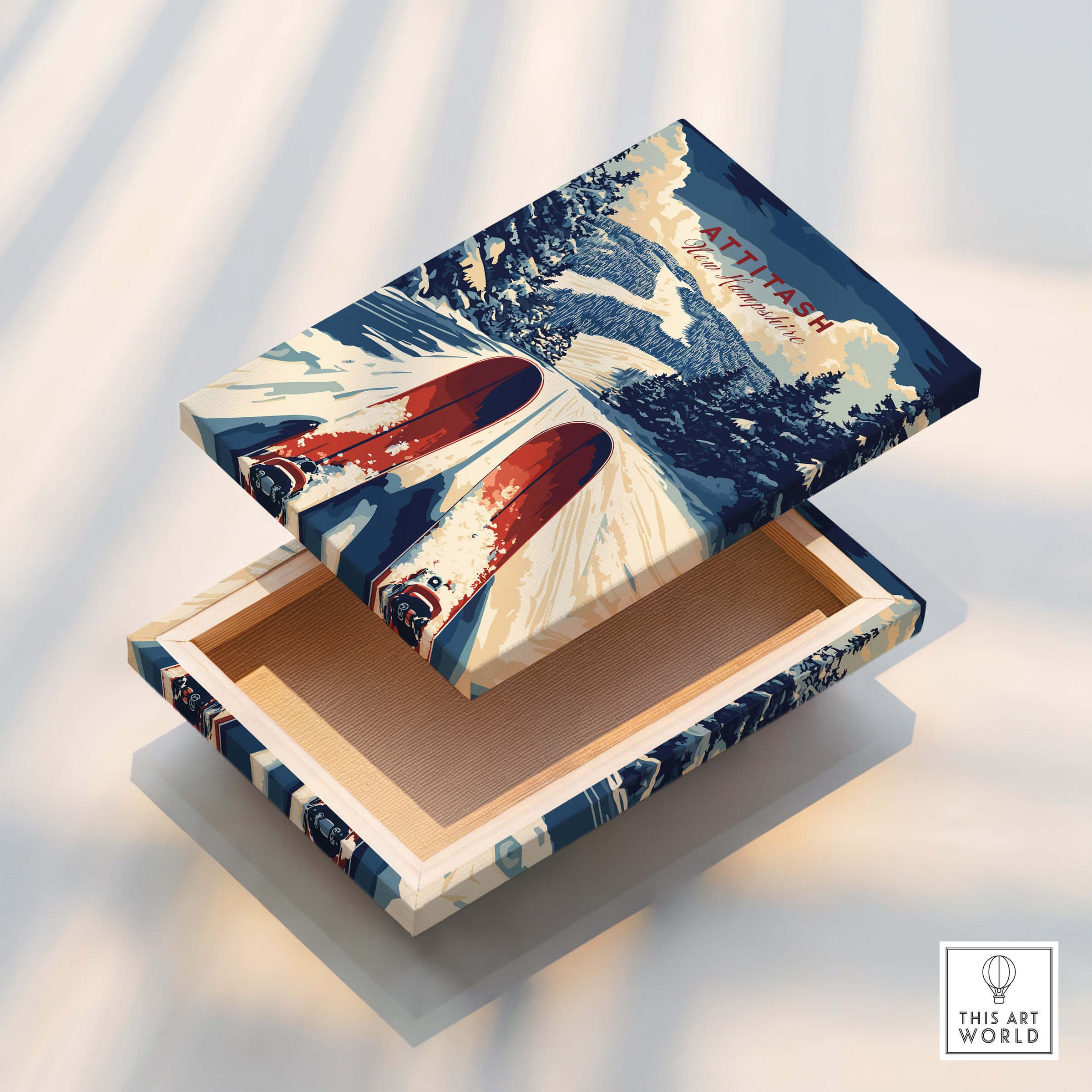 Attitash Ski Print featured on an open box showcasing vibrant ski-themed artwork and winter scenery.
