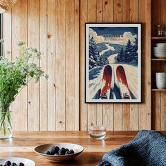 Attitash Ski Print showcasing vibrant skiing scene in a cozy interior setting with wooden decor.