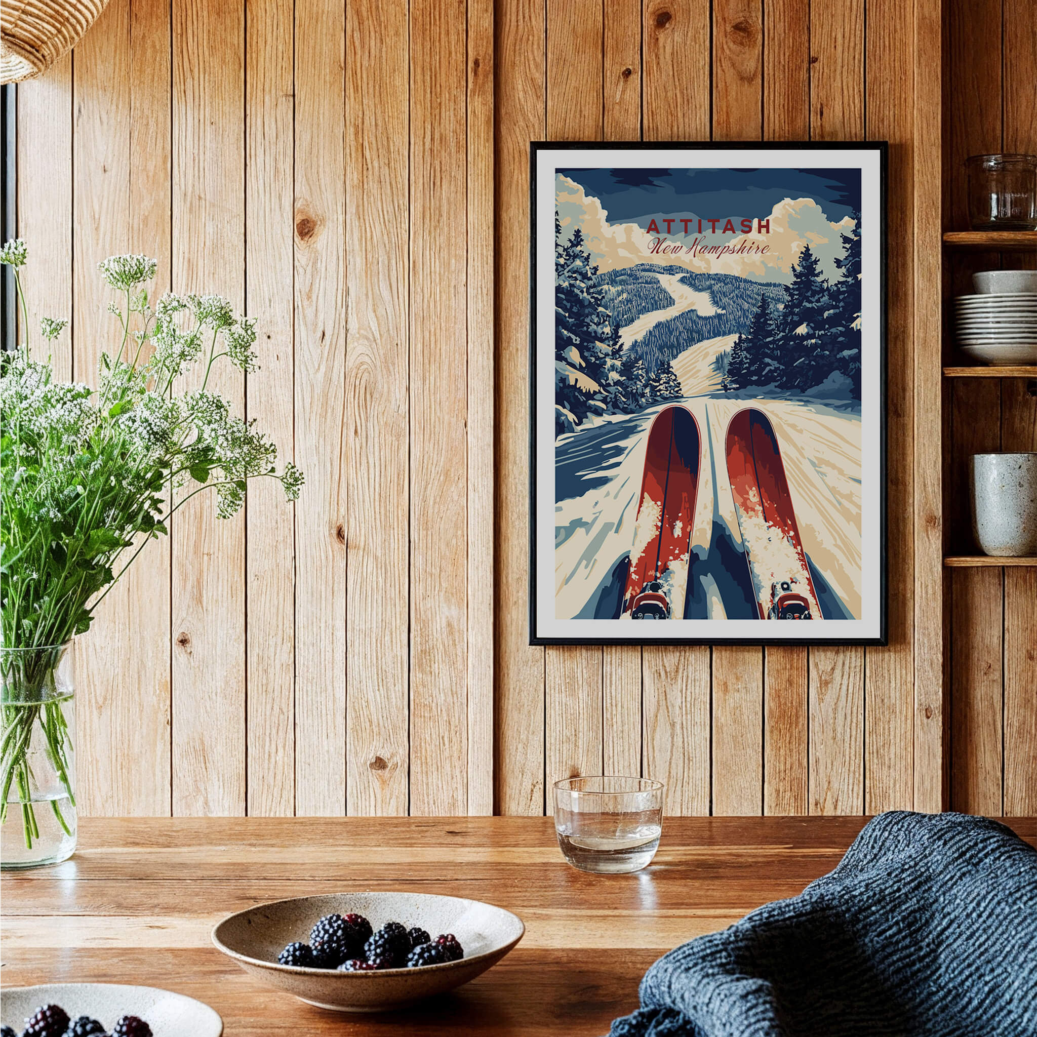 Attitash Ski Print showcasing vibrant skiing scene in a cozy interior setting with wooden decor.
