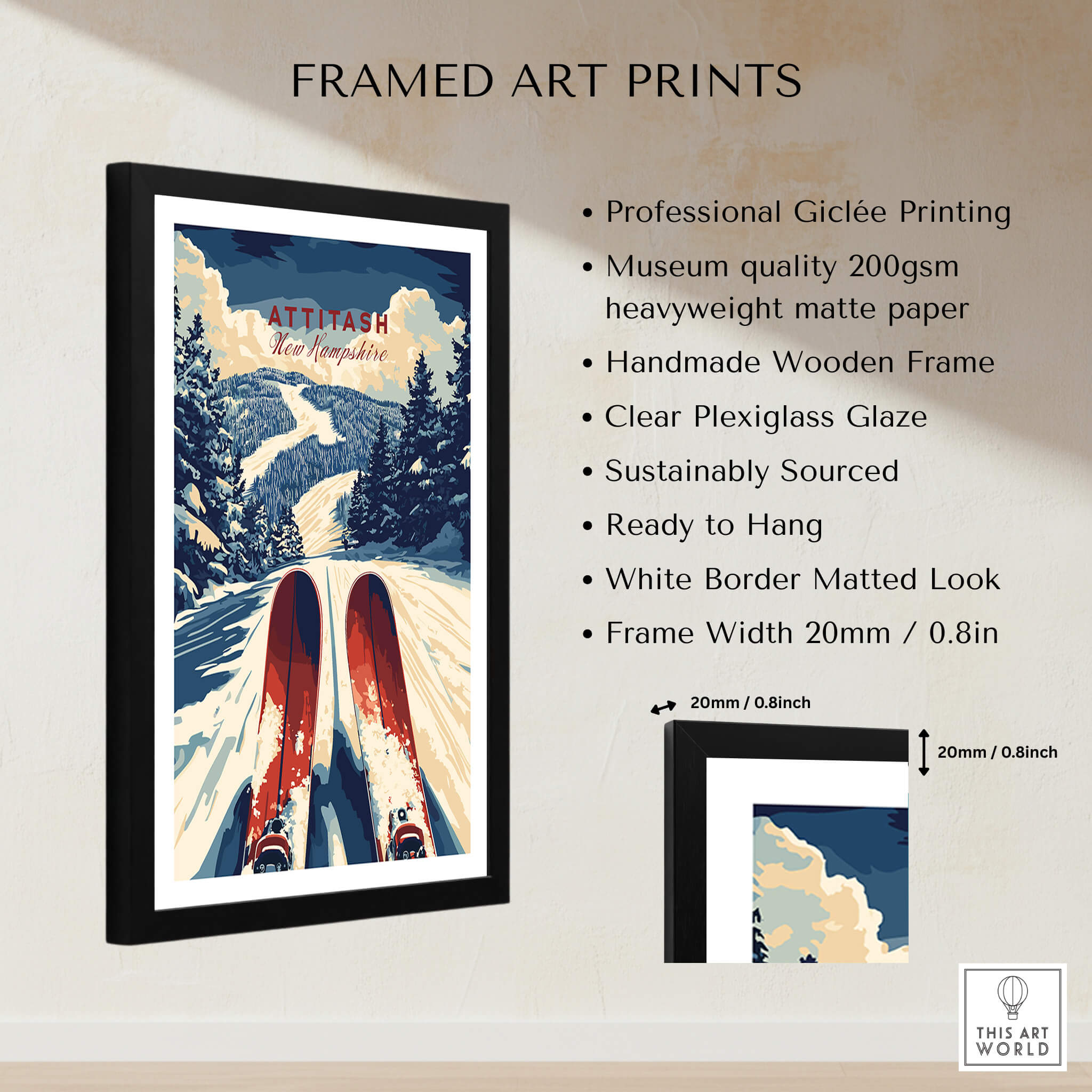 Attitash Ski Print framed art print featuring vibrant skiing scene with handmade wooden frame.