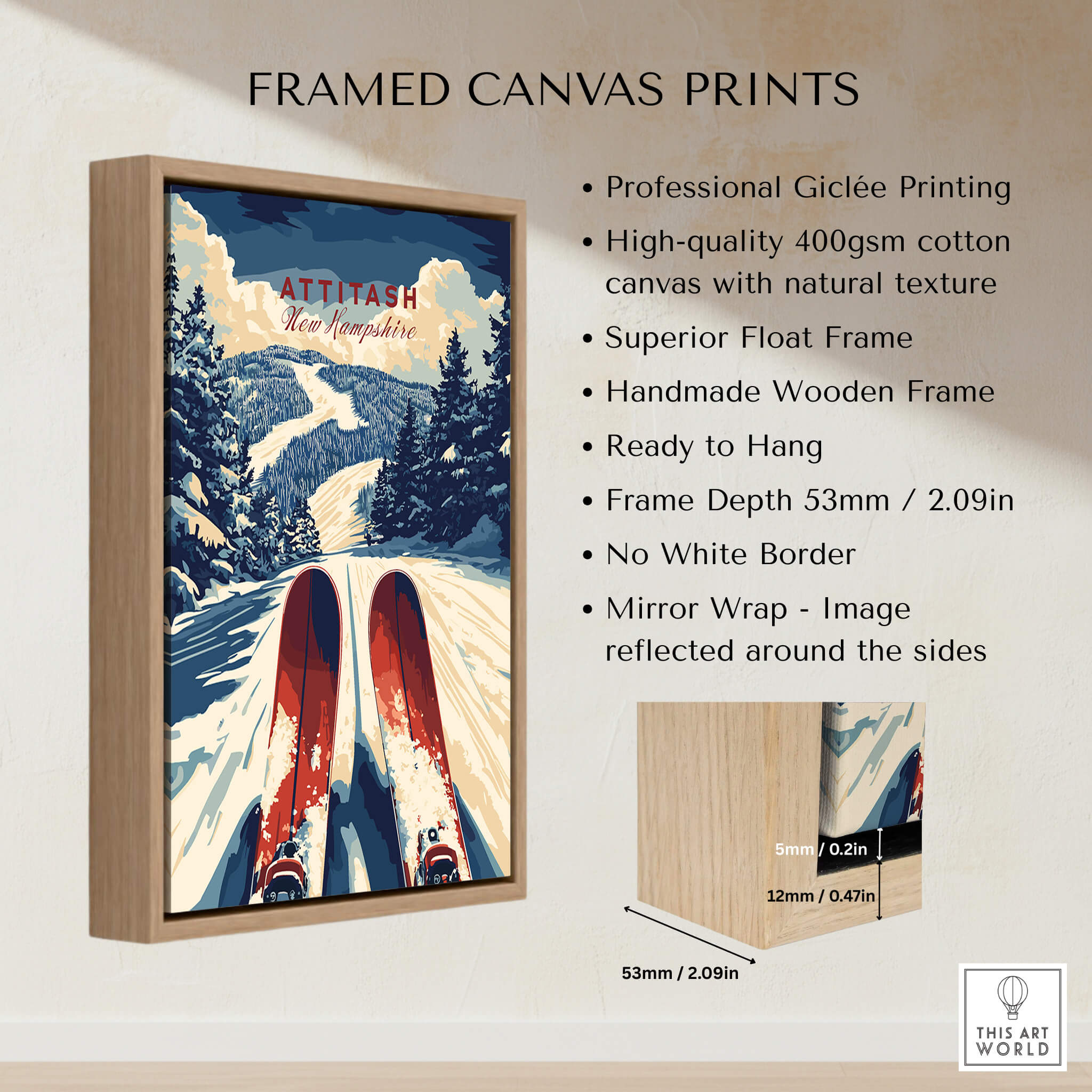 Attitash Ski Print framed canvas print showcasing vibrant skiing scene and wooden frame details.