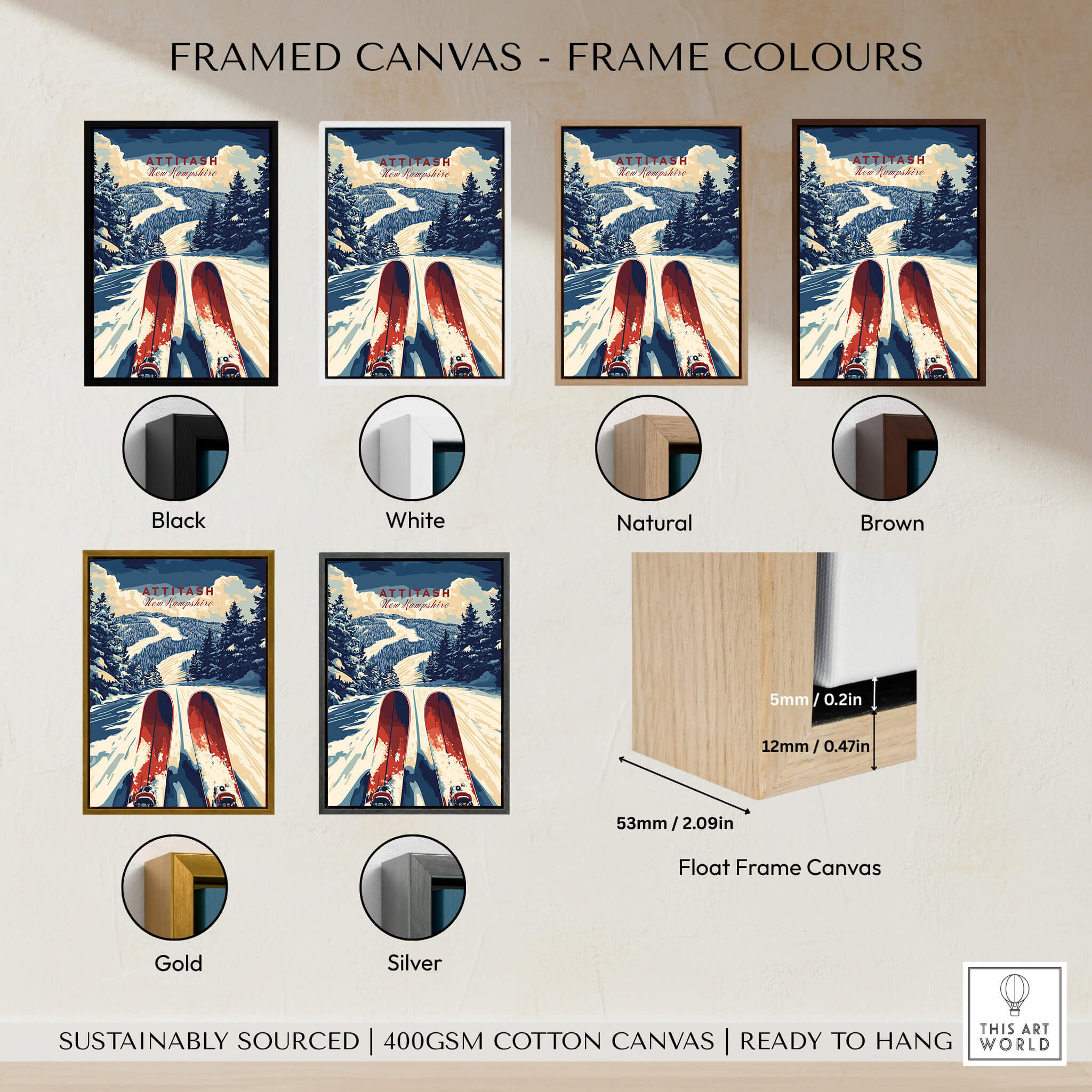 Attitash Ski Print in various frame colors including black, white, natural, brown, gold, and silver.