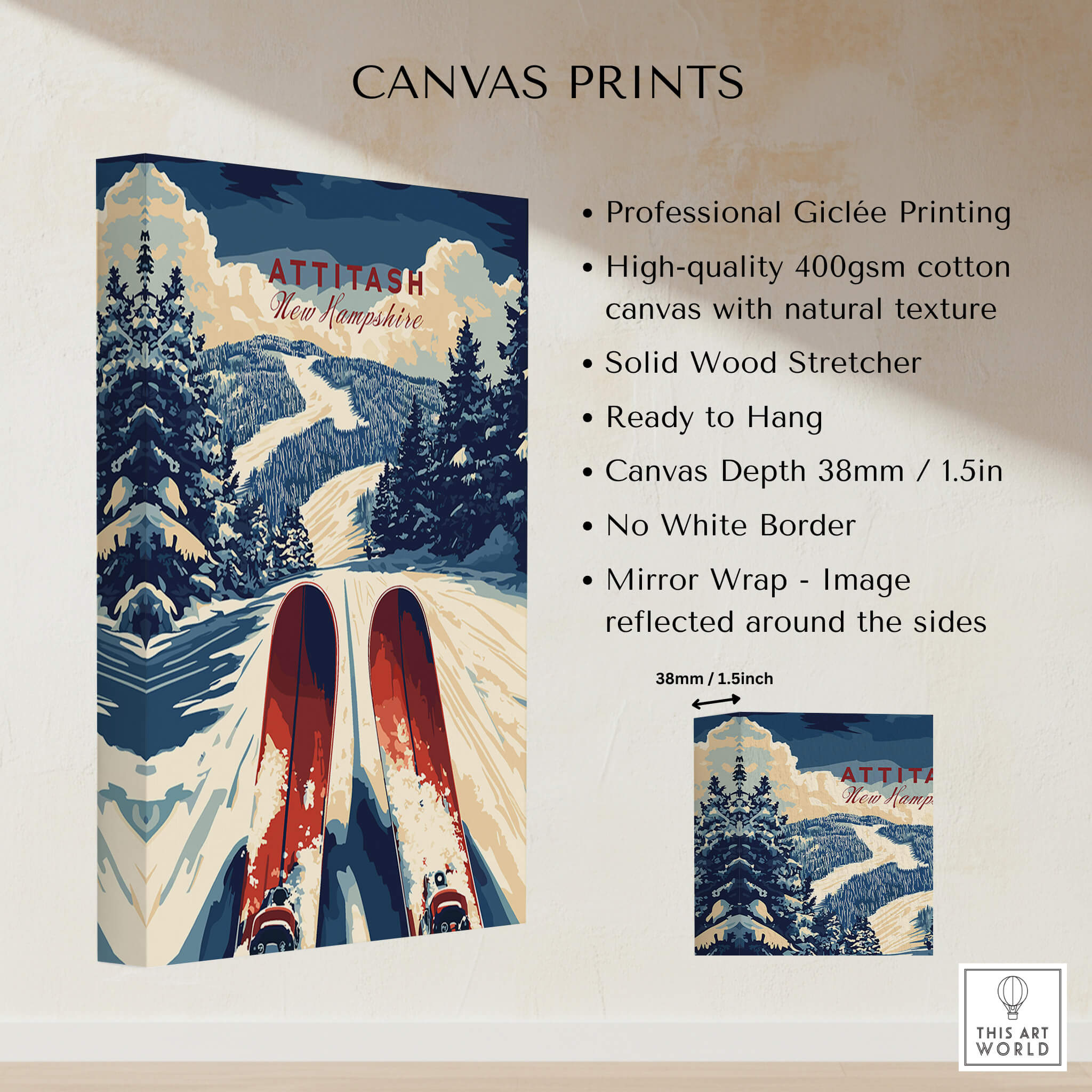 Attitash Ski Print featuring vibrant colors and skiing theme, crafted on high-quality canvas for home decor.
