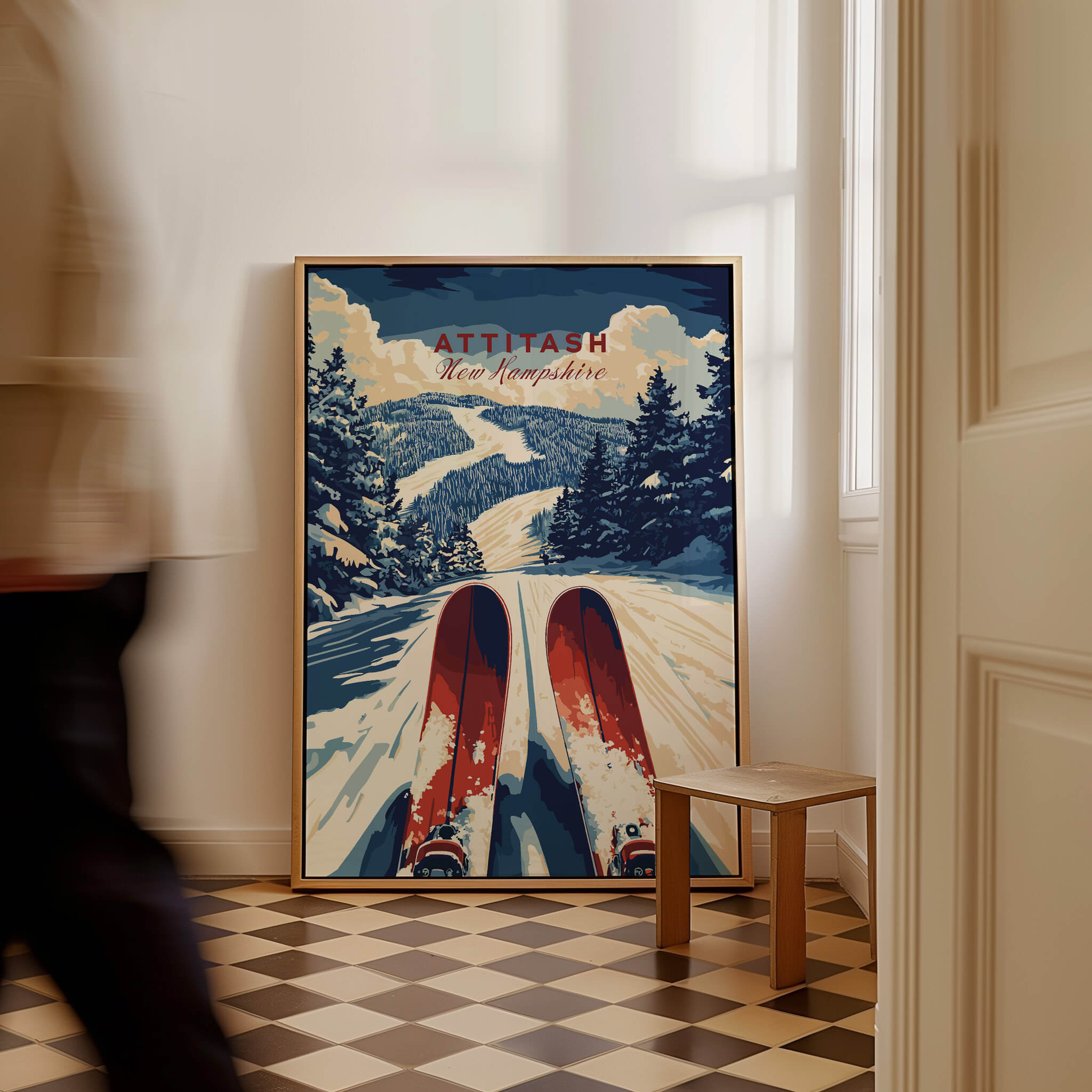 Attitash Ski Print featuring vibrant skiing scene in New Hampshire with red skis and winter landscape.