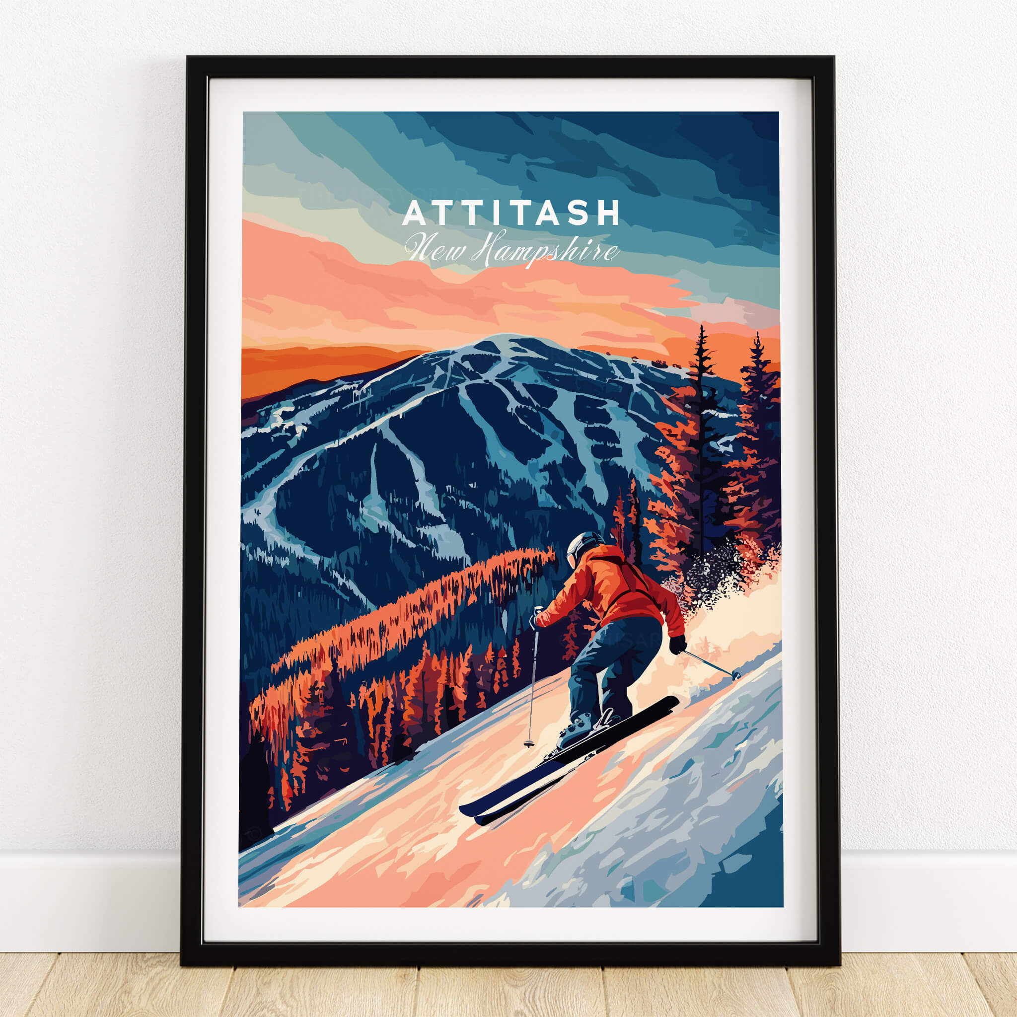 Attitash Ski Wall Art featuring a skier on a mountain with vibrant colors, perfect for ski lovers and home decor.