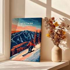 Attitash Ski Wall Art featuring a skier and mountain landscape in vibrant colors, perfect for outdoor enthusiasts.