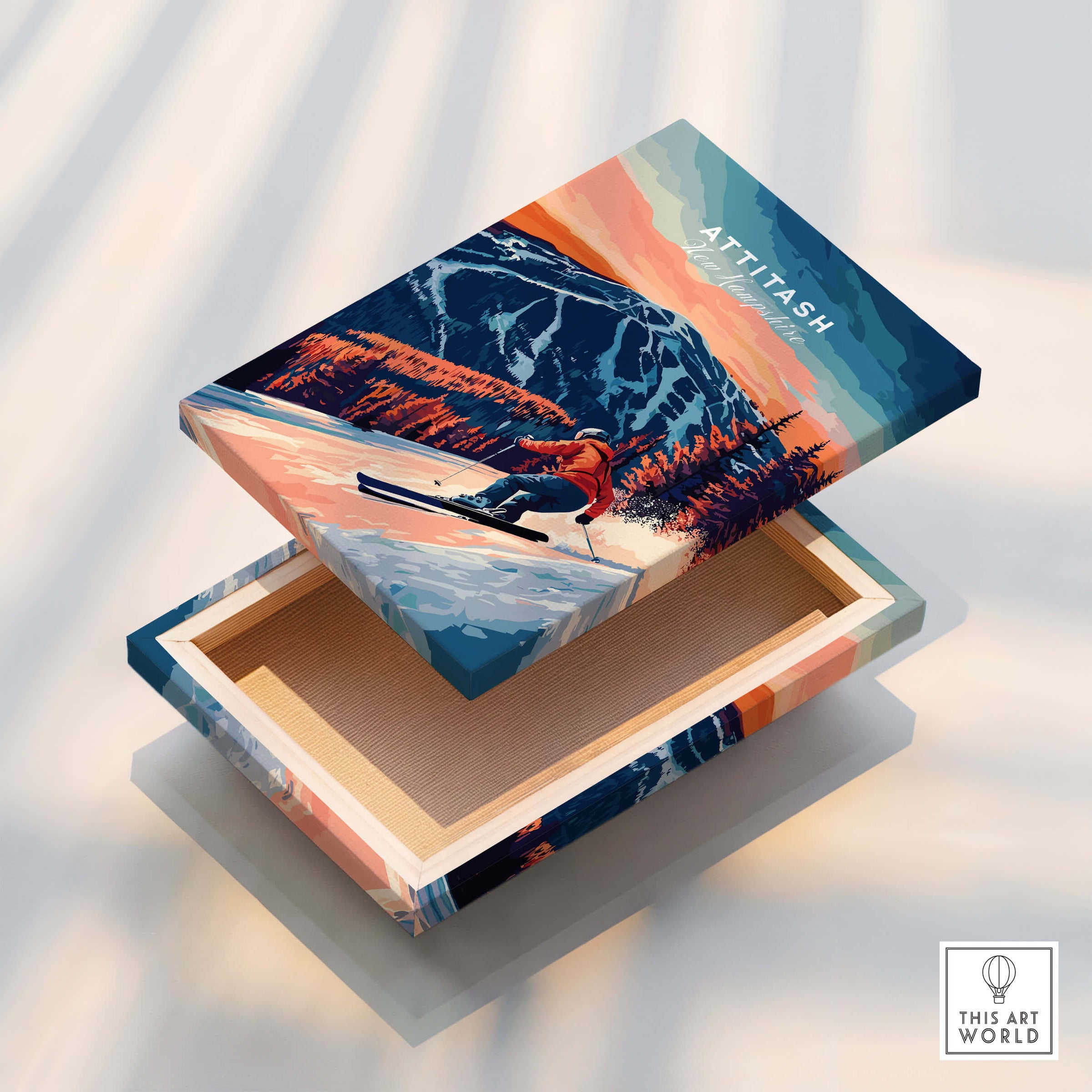 Attitash Ski Wall Art box featuring a mountain and skiing graphic, perfect for outdoor enthusiasts.
