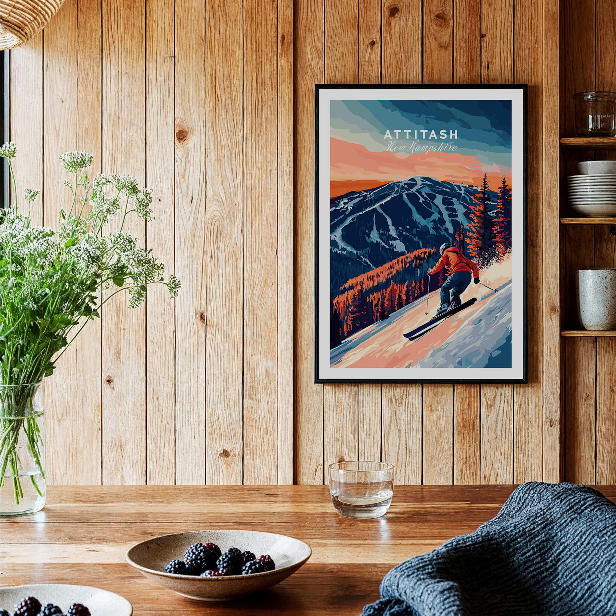 Attitash Ski Wall Art featuring a ski graphic and mountain landscape, perfect for ski enthusiasts.