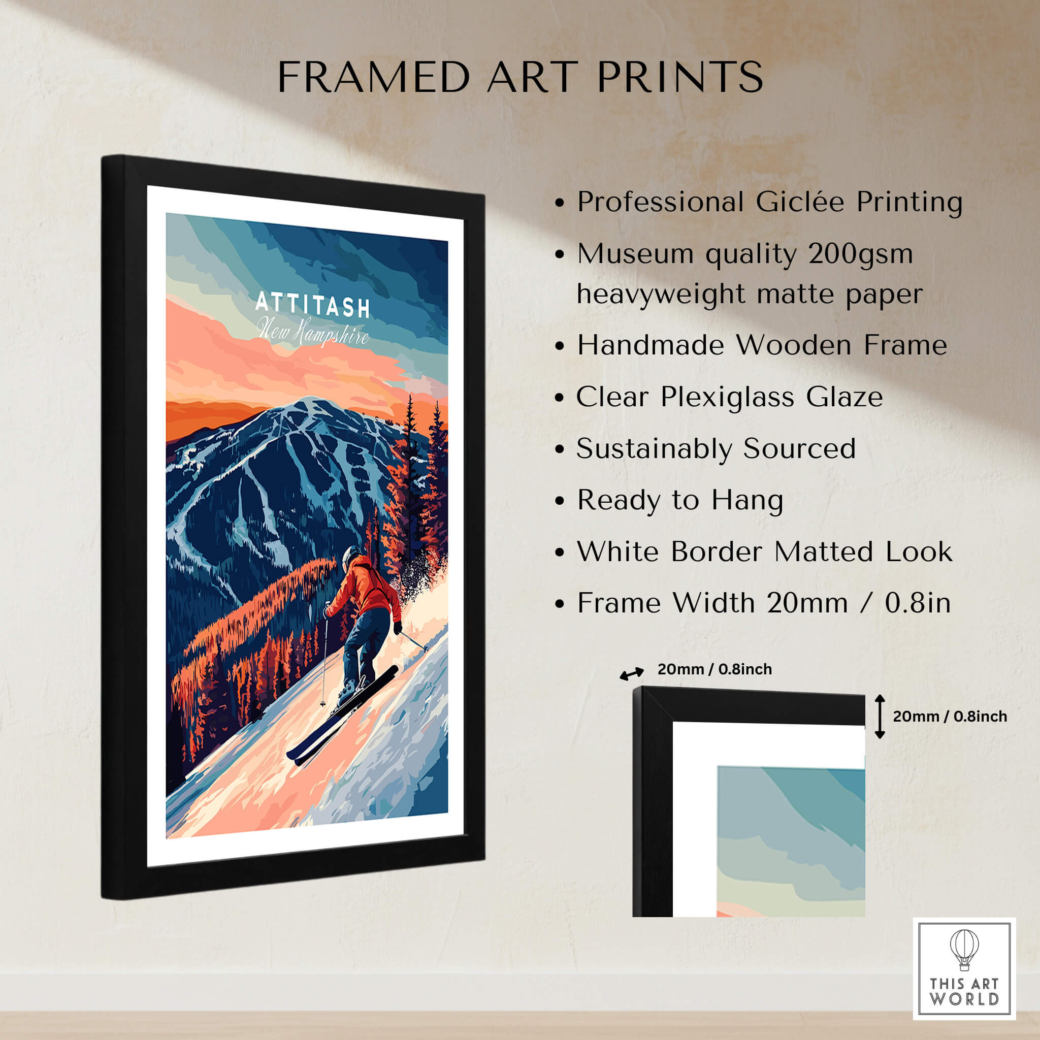 Attitash Ski Wall Art featuring a skier on a mountain landscape in a framed print with professional giclée printing.