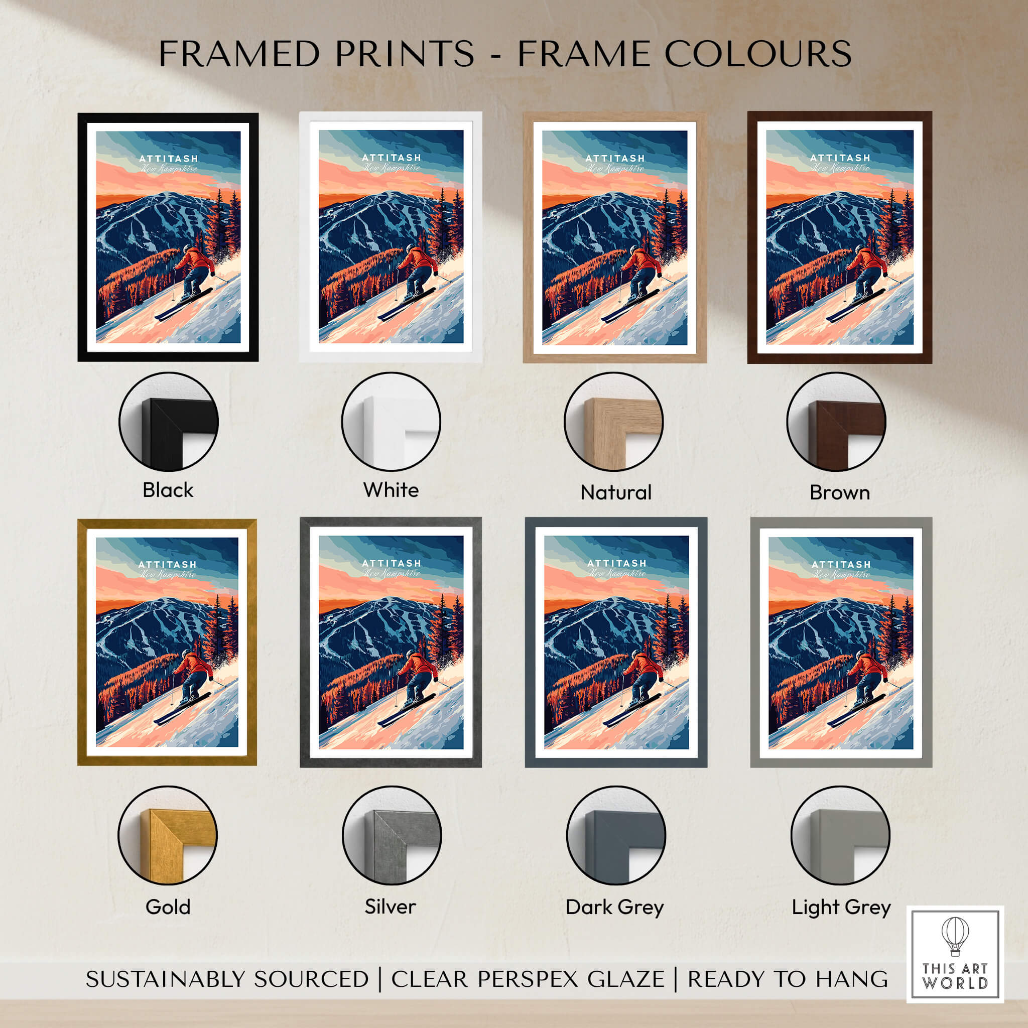 Attitash Ski Wall Art framed prints in various colours including black, white, natural, brown, gold, silver, dark grey, light grey.
