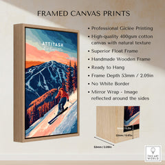 Attitash Ski Wall Art featuring a skier against a mountain landscape in a framed canvas print.
