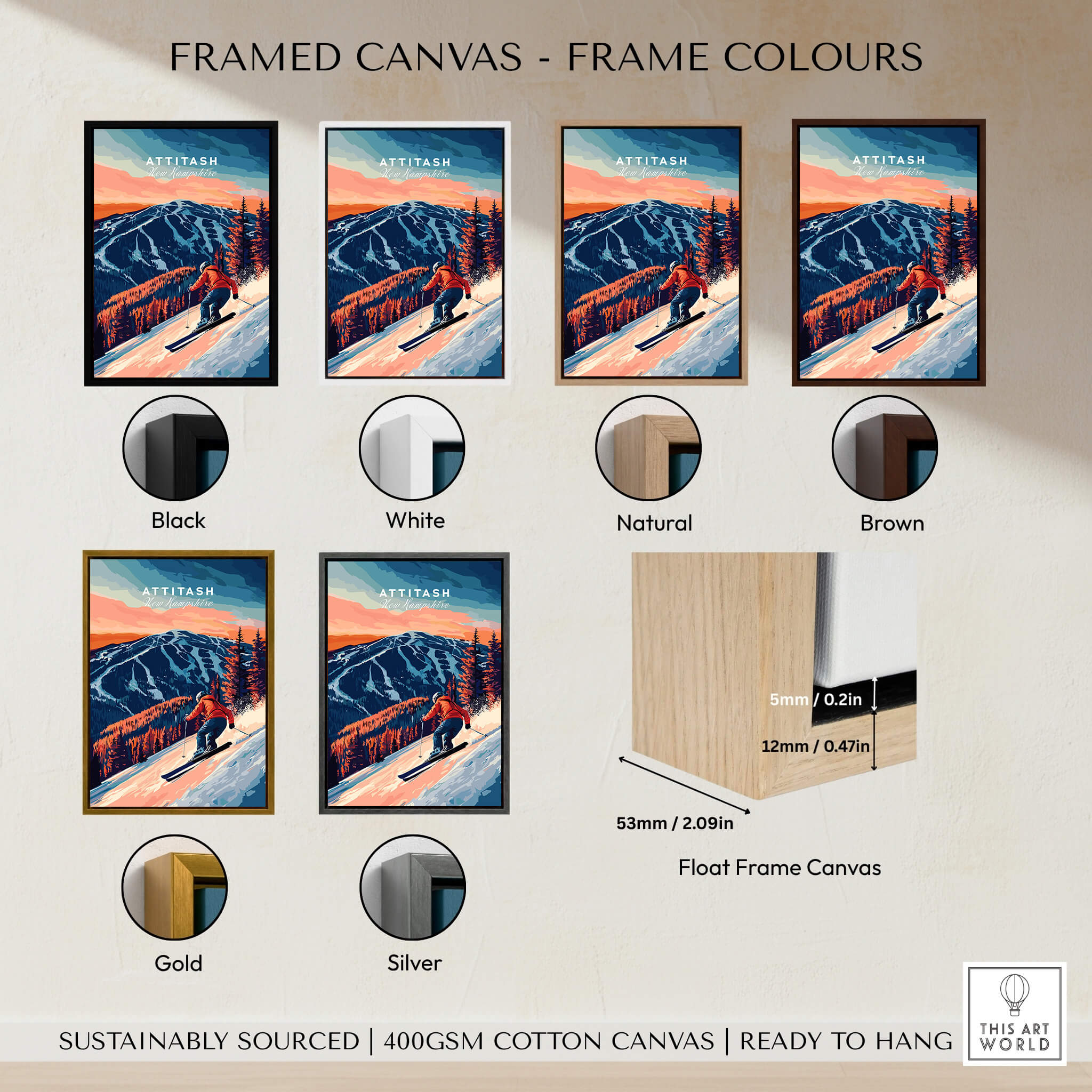 Attitash Ski Wall Art framed canvas options in various colors including black, white, gold, and silver.