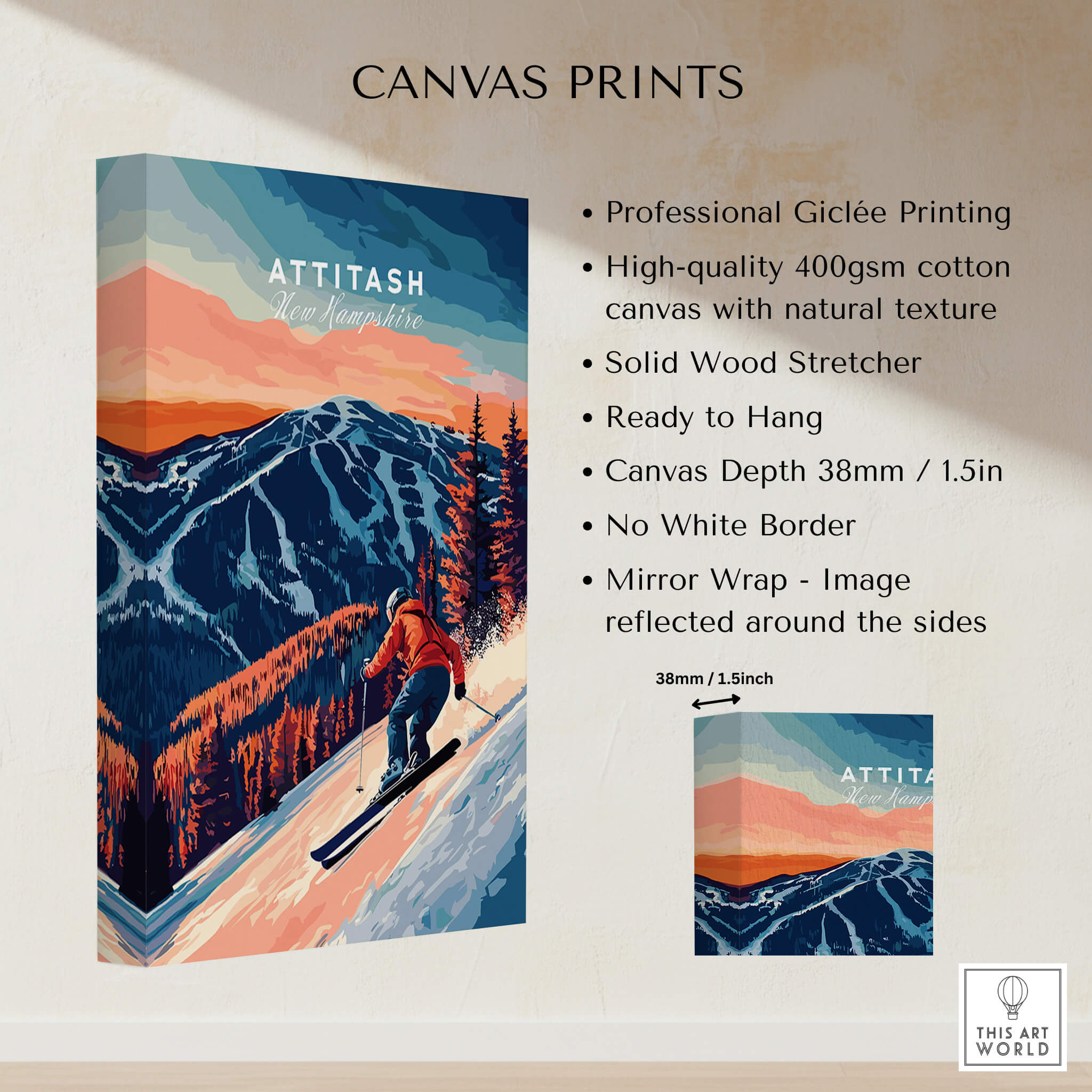 Attitash Ski Wall Art featuring a skier on a mountain landscape in high-quality giclée print.