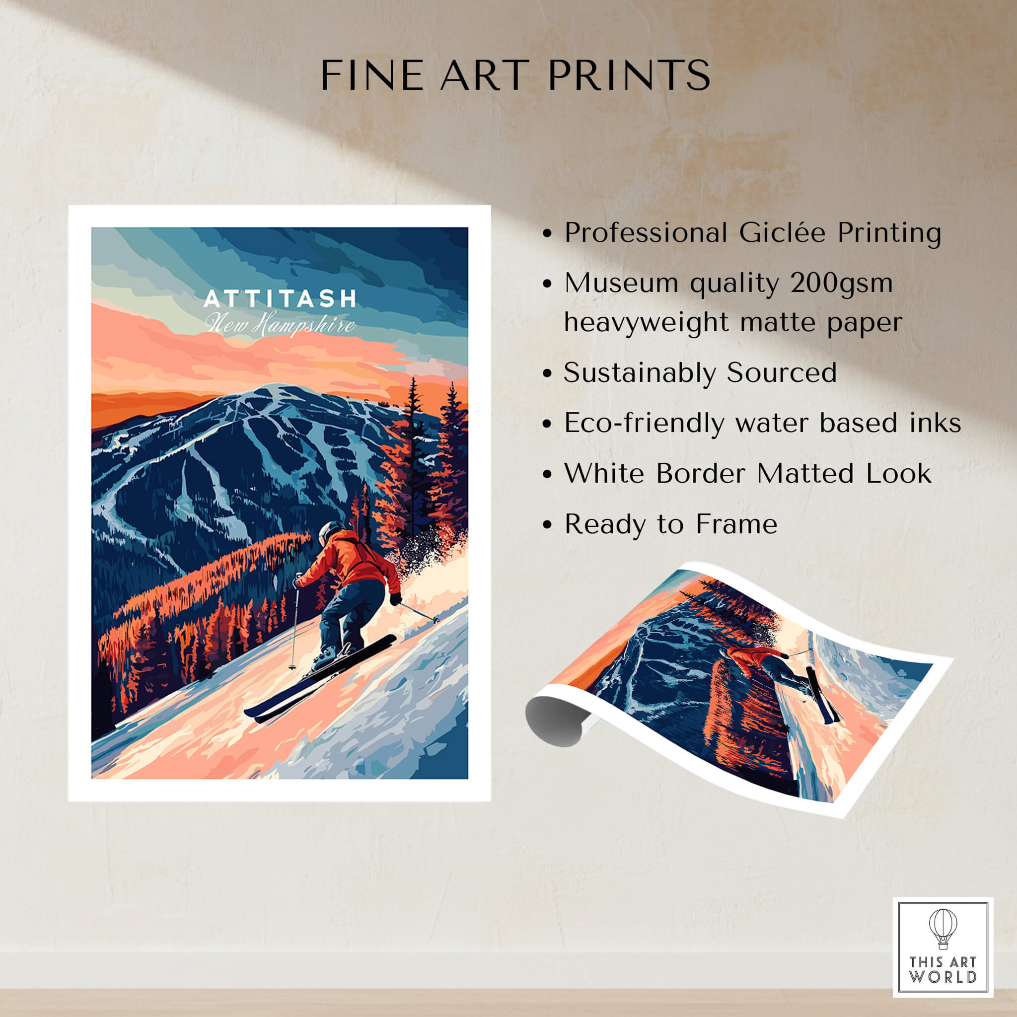 Attitash Ski Wall Art featuring a skier in a vibrant mountain landscape, perfect for outdoor enthusiasts.