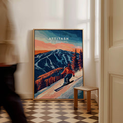 Attitash Ski Wall Art showcasing a skier on a mountain with a vibrant landscape in a decorated room.