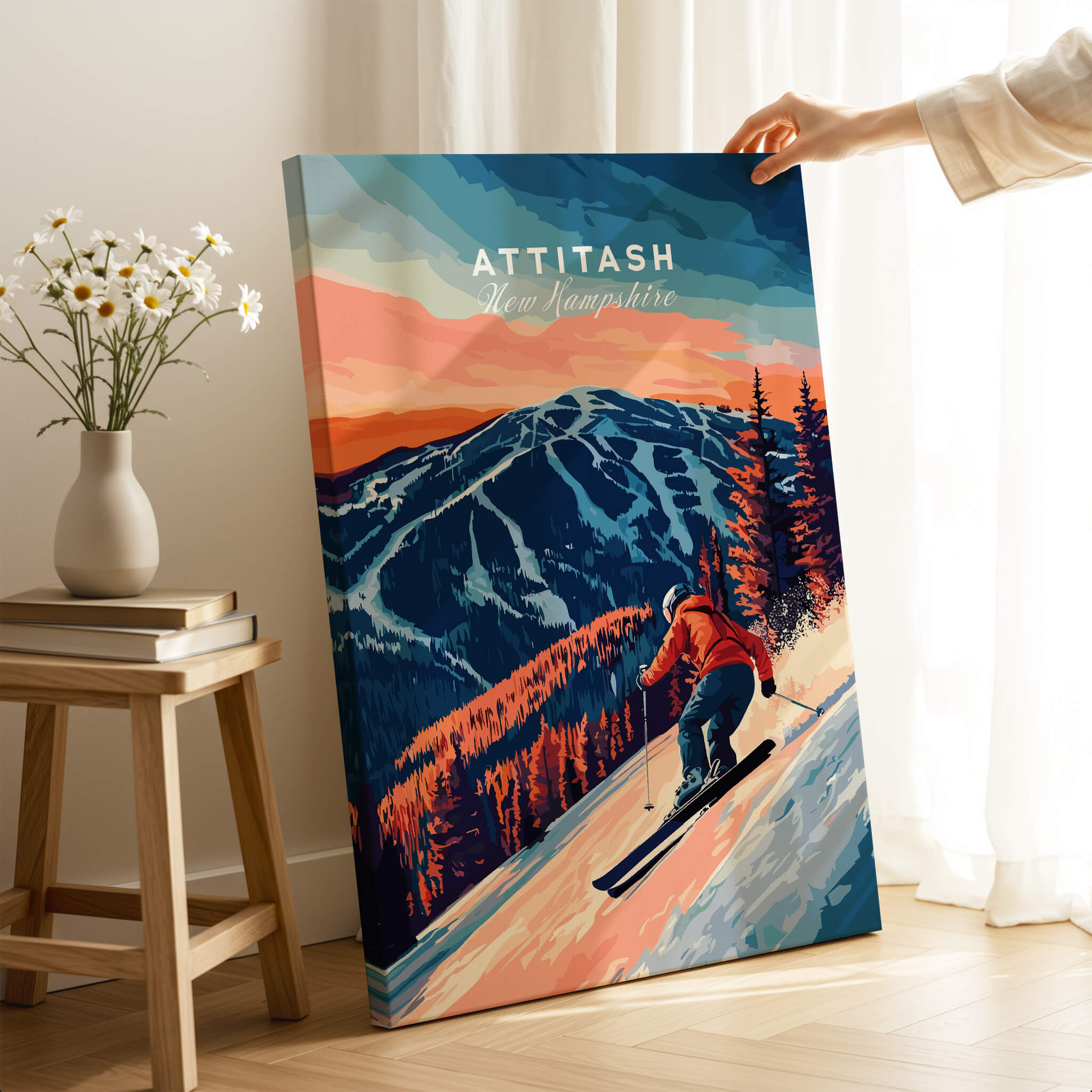 Attitash Ski Wall Art featuring a skier in a vibrant mountain landscape, perfect for outdoor enthusiasts.