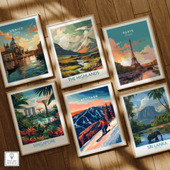 Attitash Ski Wall Art showcasing a skier in a mountain landscape with other travel posters.