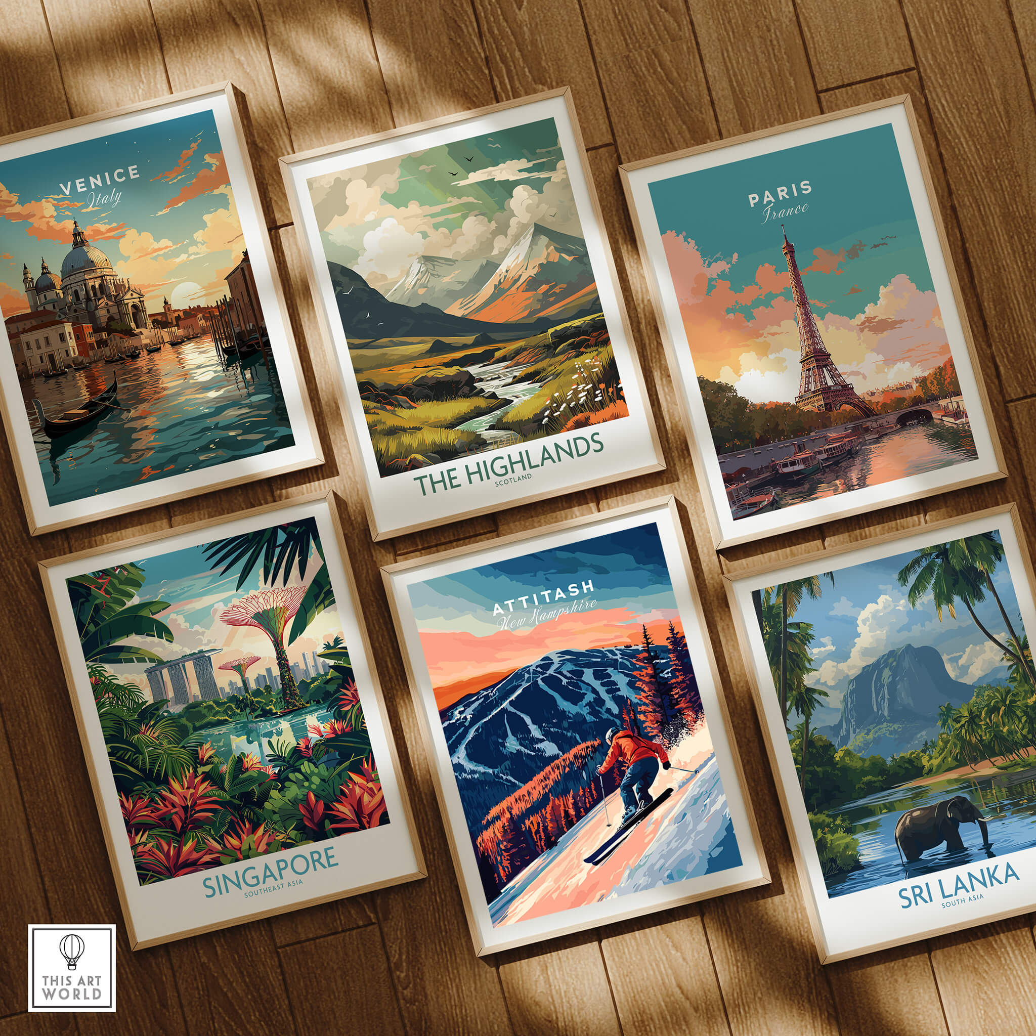 Attitash Ski Wall Art showcasing a skier in a mountain landscape with other travel posters.