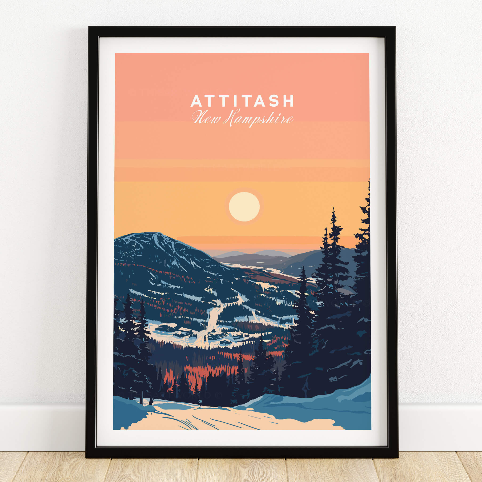 Attitash Print New Hampshire featuring a stunning mountain landscape and sunset.