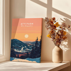 Attitash Print New Hampshire displayed in a sunlit room beside a vase with flowers.