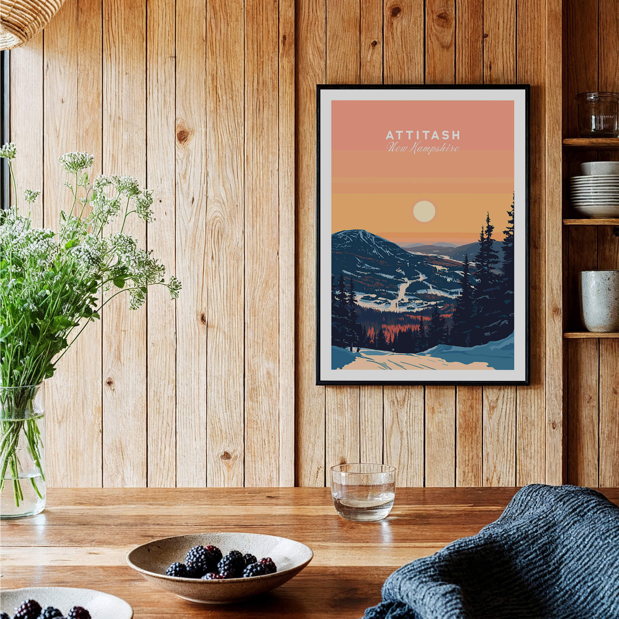 Attitash Print New Hampshire displayed in a rustic home setting with wooden walls and a mountain landscape.