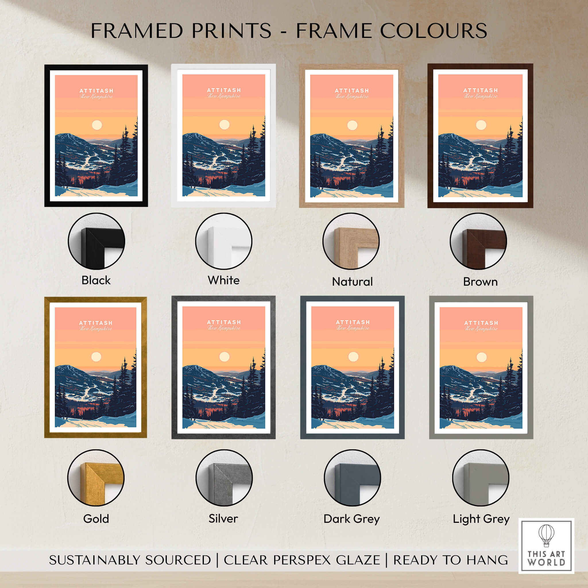 Attitash Print New Hampshire framed print options in various colors including black, white, natural, and brown.