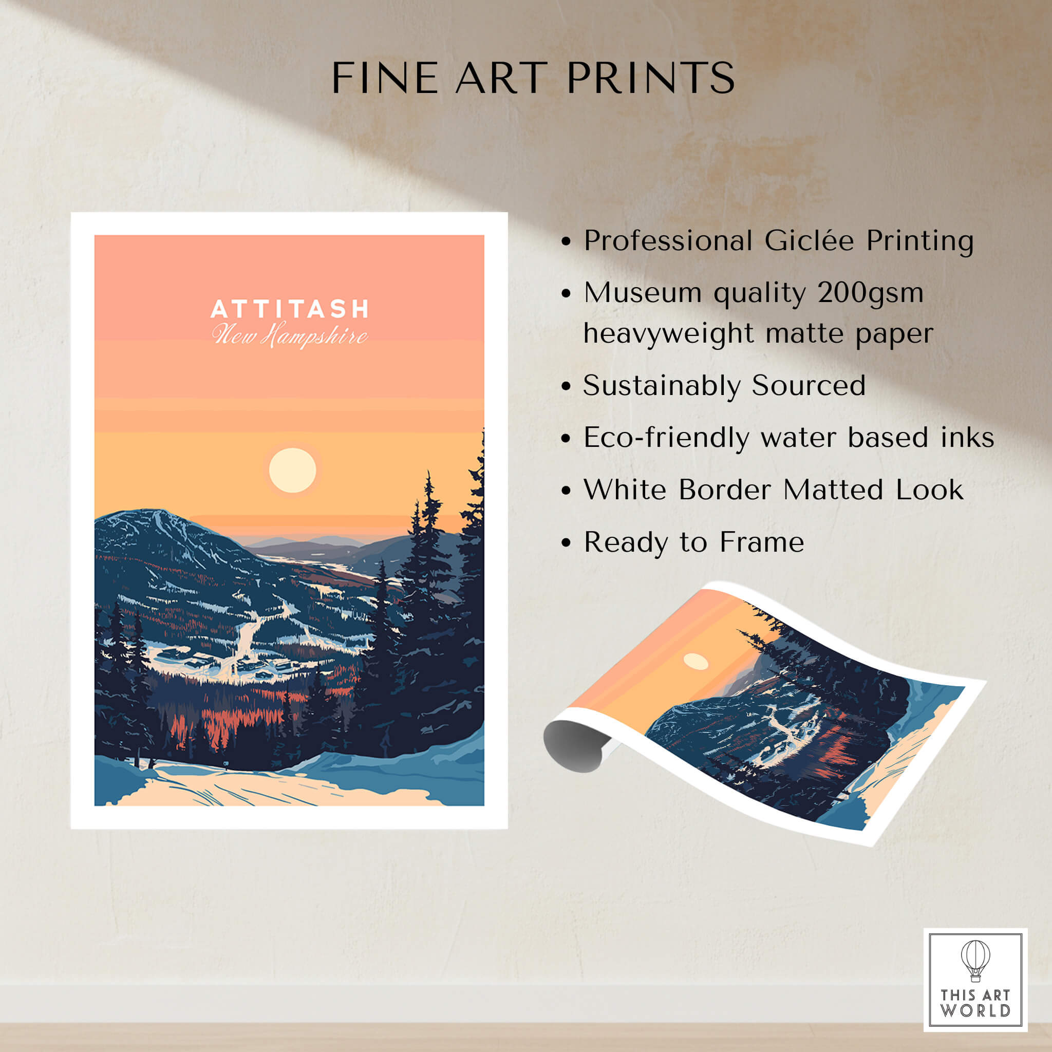 Attitash Print New Hampshire featuring a stunning ski scene with mountains and sunset, perfect for outdoor lovers.