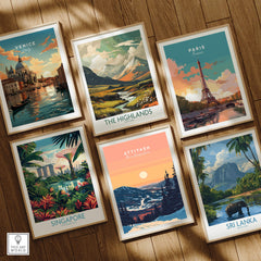 Attitash Print New Hampshire showcased among travel art prints from Venice, Paris, Singapore, The Highlands, and Sri Lanka.