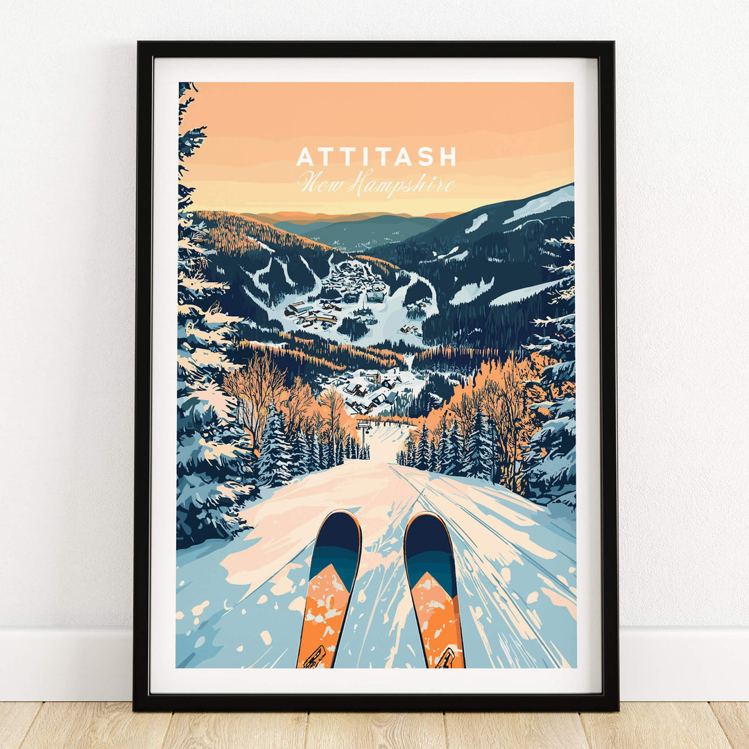 Attitash Ski Wall Art Poster featuring scenic winter landscape and ski tracks in vibrant colors.