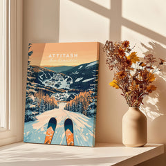 Attitash Ski Wall Art Poster displayed near a window with flowers, showcasing beautiful ski slopes.