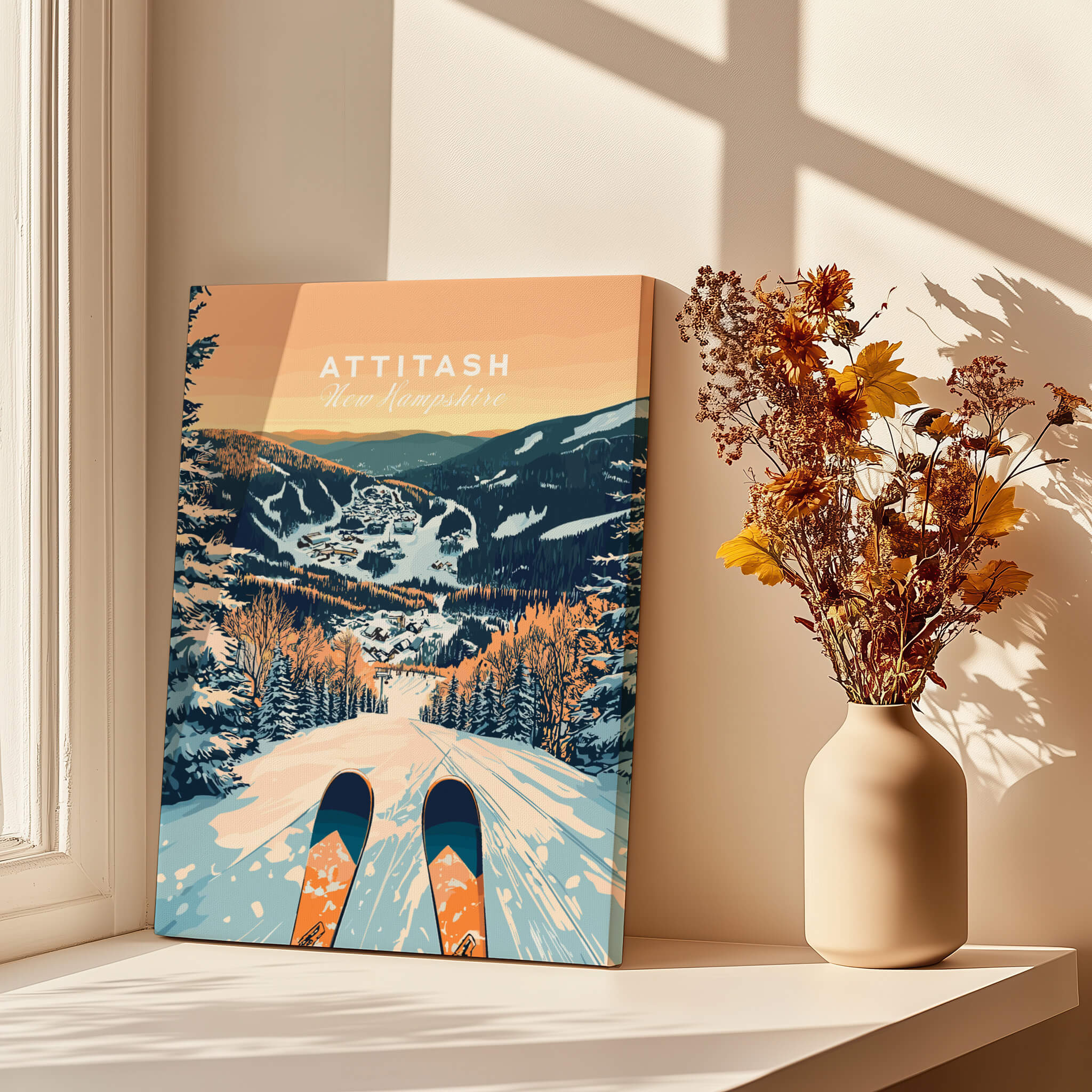 Attitash Ski Wall Art Poster displayed near a window with flowers, showcasing beautiful ski slopes.