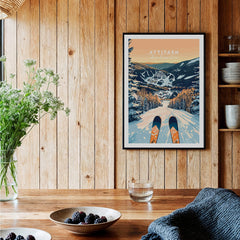 Attitash Ski Wall Art Poster featuring vibrant ski slopes and a picturesque winter landscape.