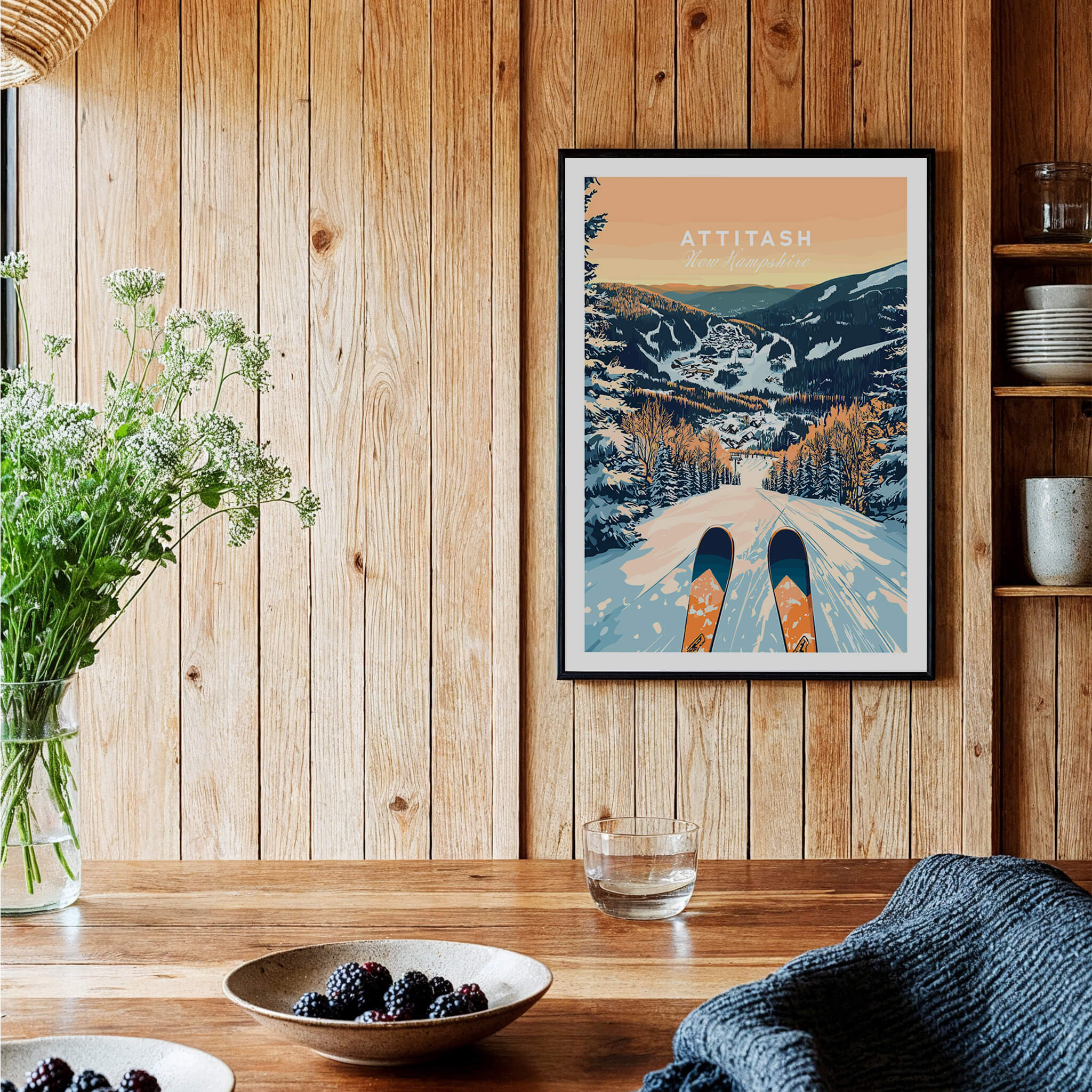 Attitash Ski Wall Art Poster featuring vibrant ski slopes and a picturesque winter landscape.