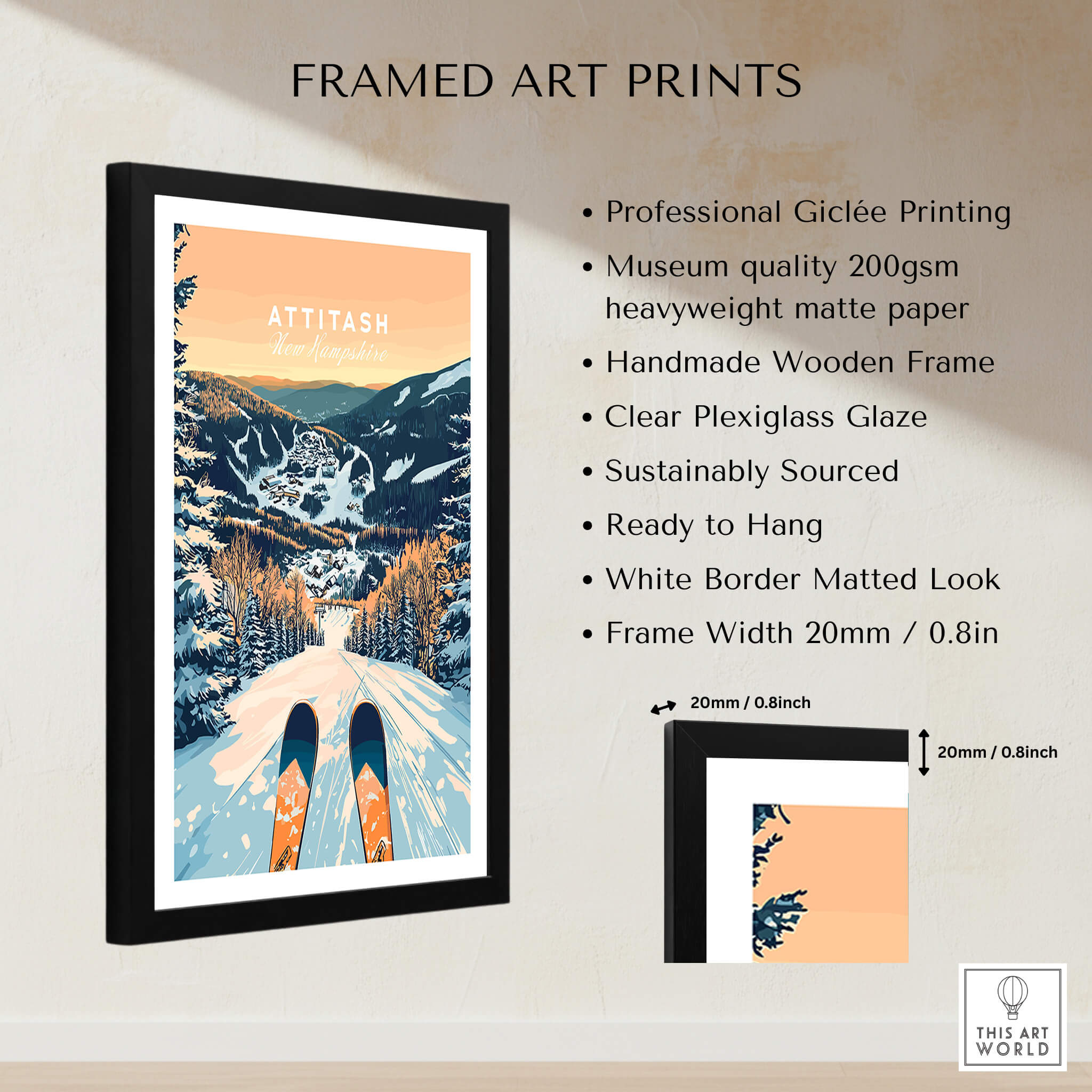 Attitash Ski Wall Art Poster featuring vibrant ski slopes in a framed print, perfect for winter decor.