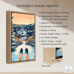 Attitash Ski Wall Art Poster framed canvas print featuring vibrant winter slopes, ready to hang with a wooden frame.