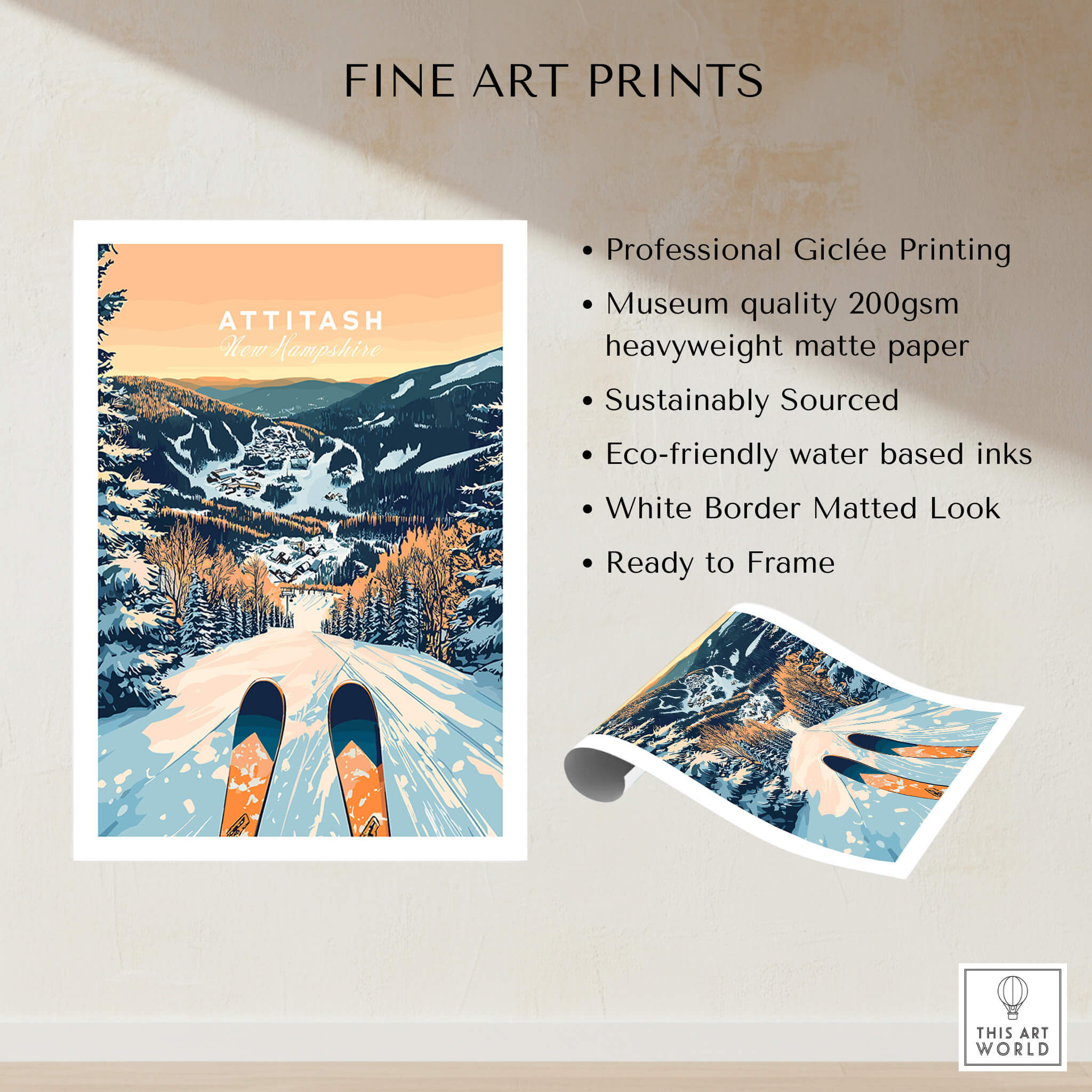 Attitash Ski Wall Art Poster showcasing professional Giclée printing and vibrant skiing design, perfect for winter decor.