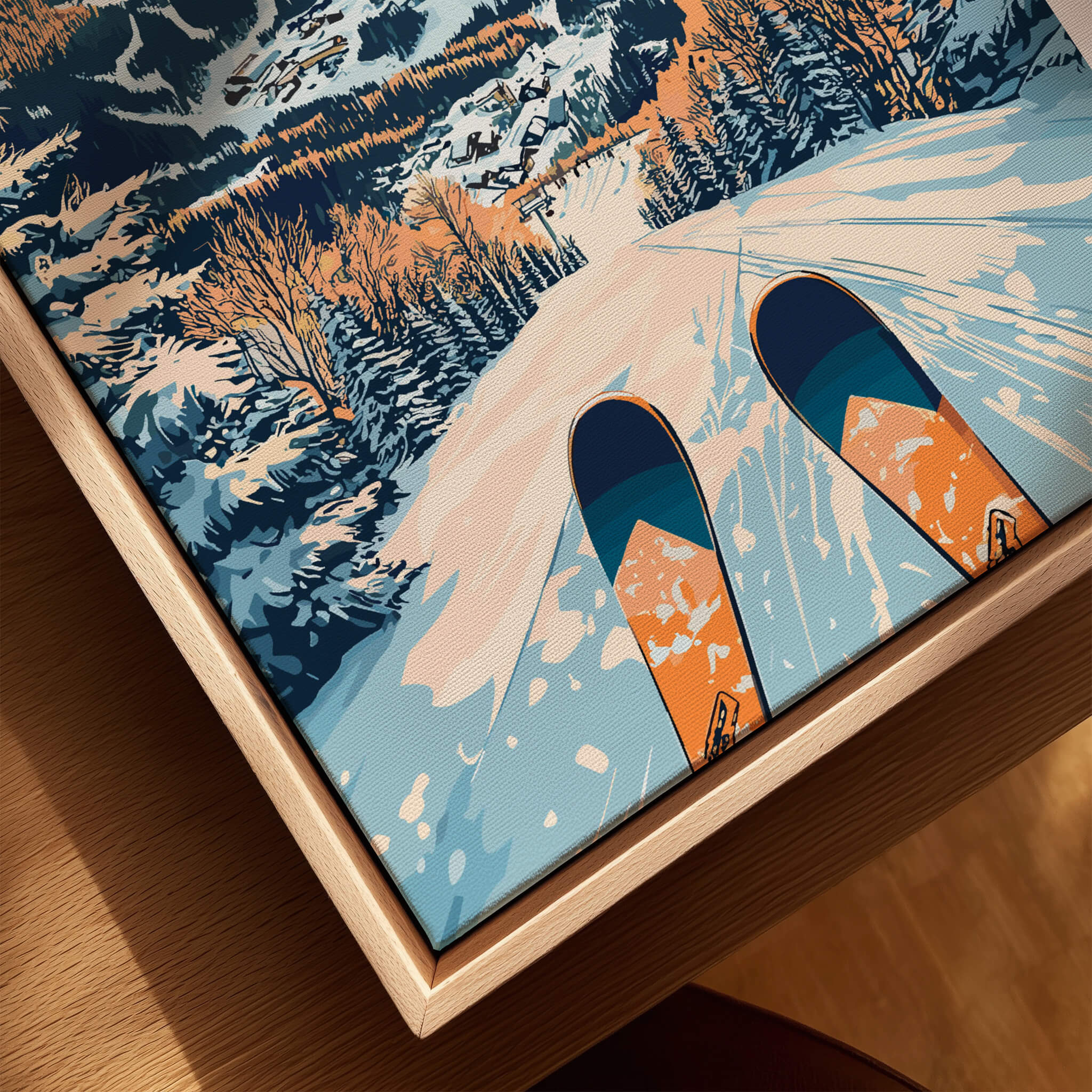 Attitash Ski Wall Art Poster showcasing vibrant ski slopes and skis for a winter wonderland decor.