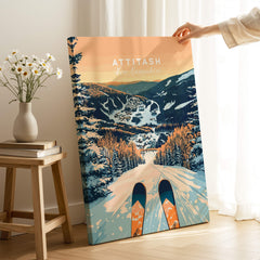 Attitash Ski Wall Art Poster showcasing winter slopes and skiing scenery in a vibrant color palette.