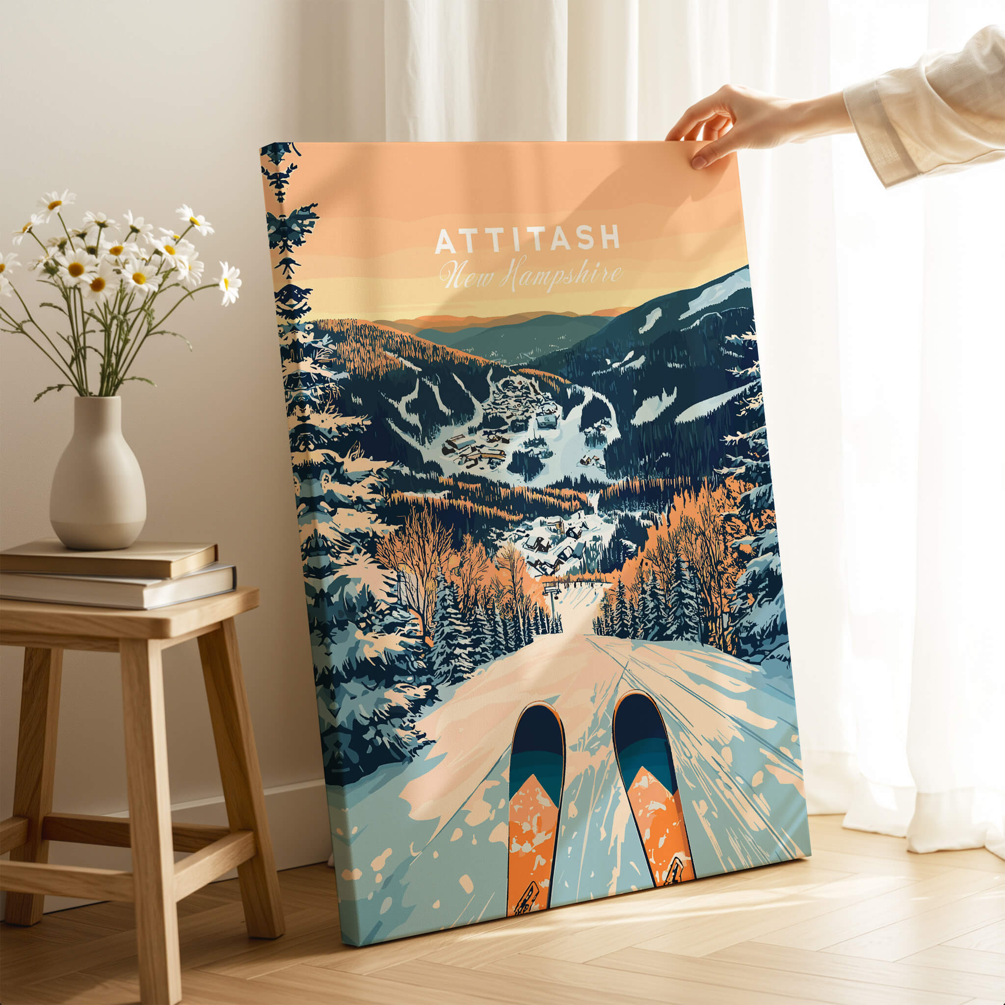 Attitash Ski Wall Art Poster showcasing winter slopes and skiing scenery in a vibrant color palette.