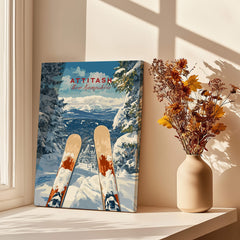 Ski Print Attitash New Hampshire showcasing skis with snowy landscape in a cozy setting