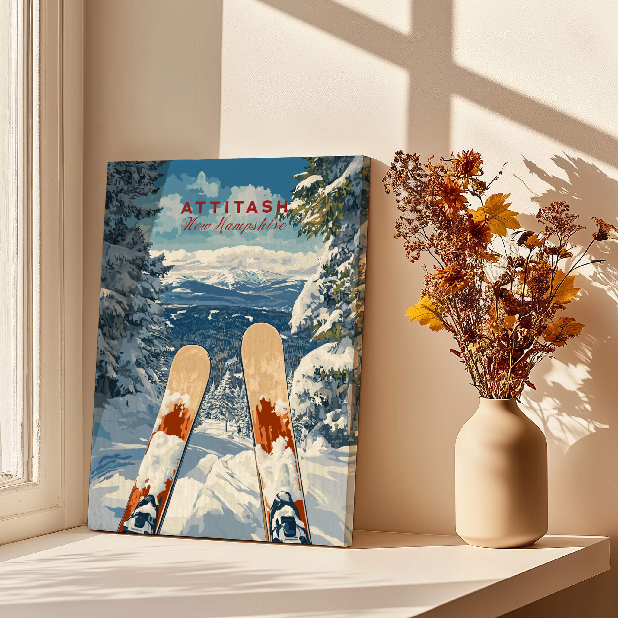 Ski Print Attitash New Hampshire showcasing skis with snowy landscape in a cozy setting